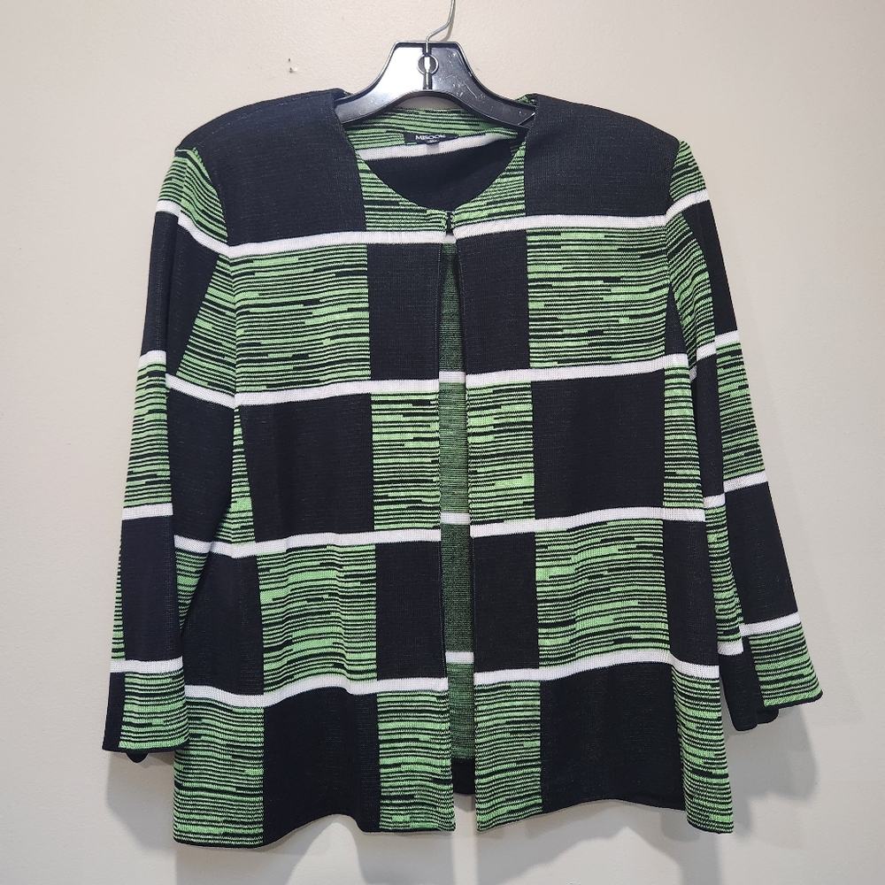 Misook cardigan sweater. Green/black squares with white horizonral stripes.